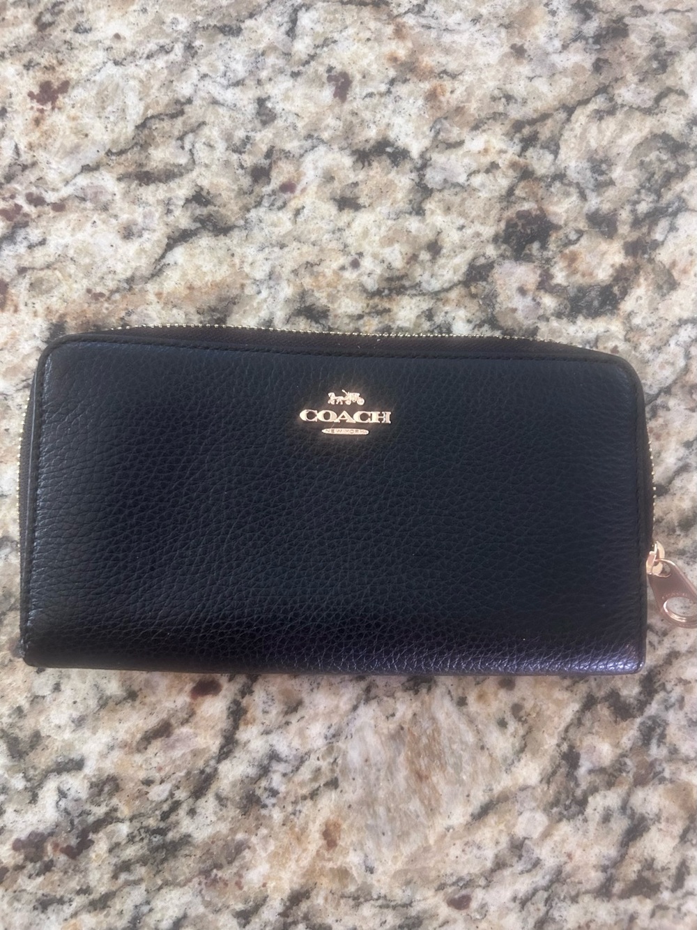 Coach Black Pebbled Leather Zip Wallet with Gold Hardware